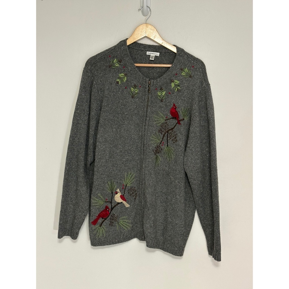 Croft & Barrow Cardigan Embroidered Cardinal Bird Beaded Knit Holiday Womens 2X